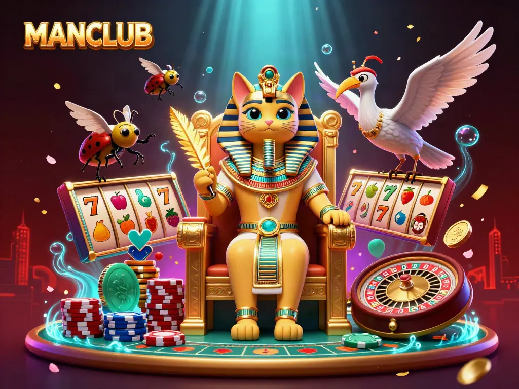 Engage in thrilling casino adventure with MANCLUB's Egyptian theme featuring slot reels and vibrant elements.