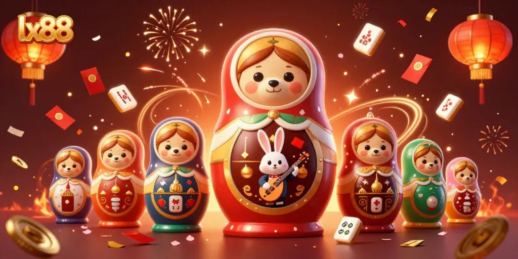 Experience the excitement of lx88 with a vibrant 3D illustration of casino characters and festive elements.