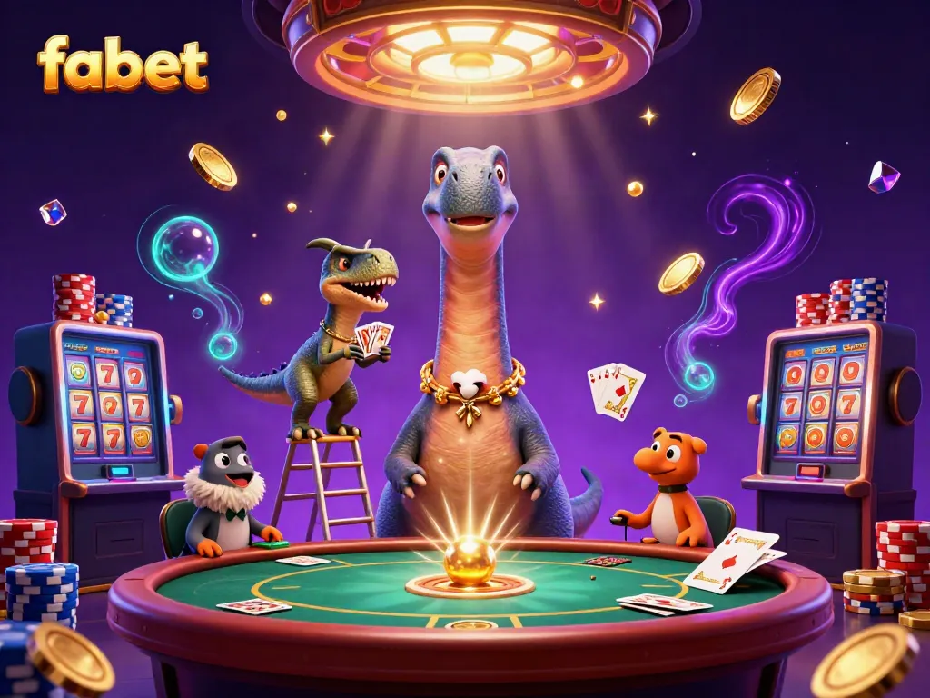 Experience excitement with fabet at a dynamic casino scene featuring a whimsical dinosaur and raptor dealer.