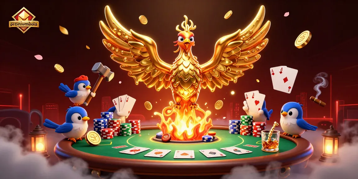Engage in premiumbola online betting with an illustrated scene of a molten phoenix and poker elements