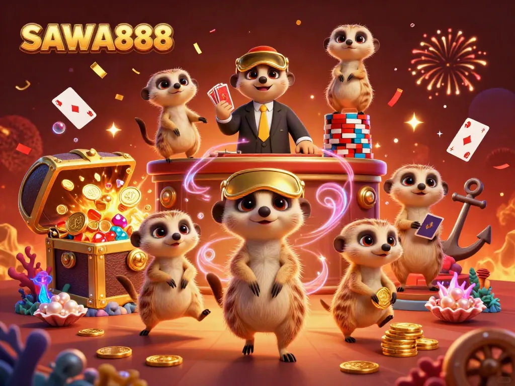 Join the thrilling action of SAWA888 in a lively meerkat casino scene full of vibrant game elements.