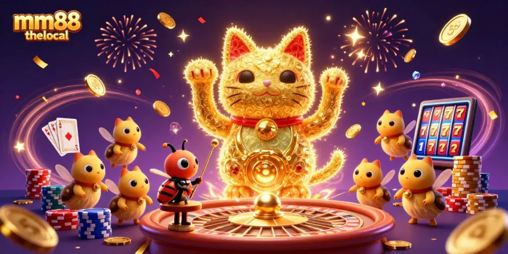 Engage with mm88 thelocal in a vibrant casino scene featuring a lucky cat and dynamic gaming elements.