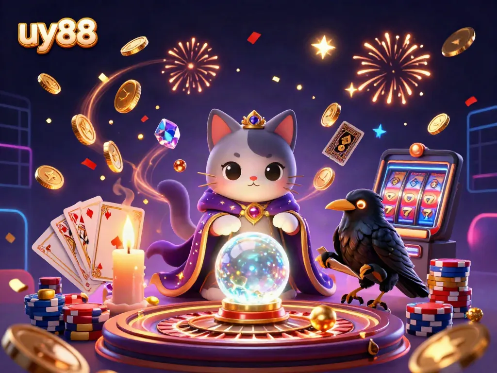 Experience thrilling gameplay with uy88, featuring a mystic cat, a raven, and dazzling casino elements.