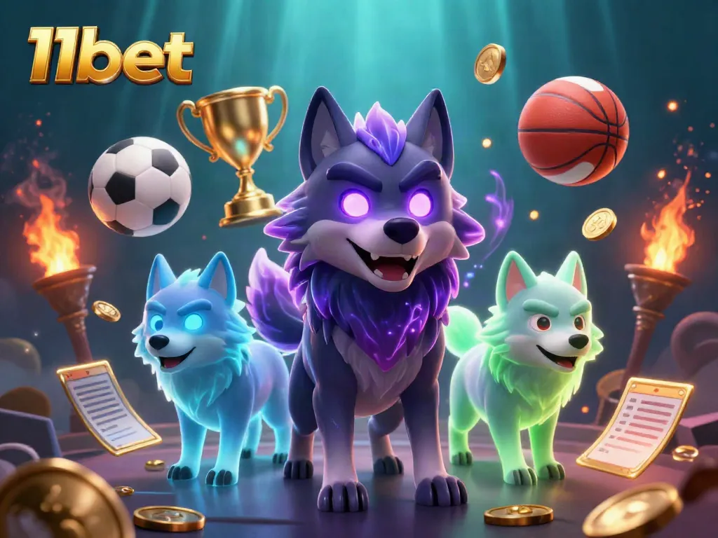 Engage with the thrilling atmosphere of 11bet as ghostly wolves lead a dynamic betting scene filled with sports balls and trophies.