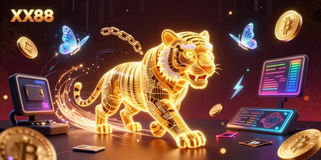 Experience the vibrant digital casino world of XX88 with a neon-wireframe tiger amidst crypto coins.