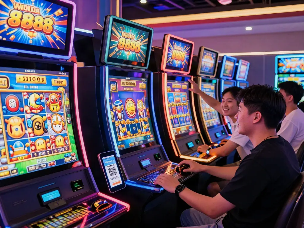 Exciting gaming atmosphere featuring players enjoying slot88 games with colorful slot machines and QRIS payment technology.