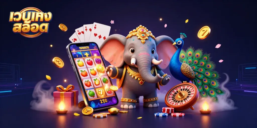 Engage with เว็บตรงสล็อต by spinning vibrant slots alongside a colorful elephant and peacock.