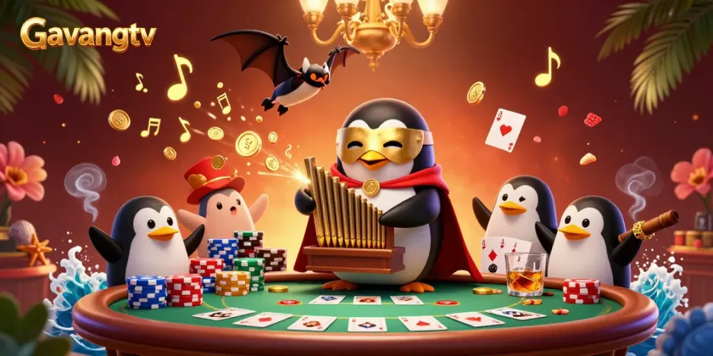 Experience the excitement of Gavangtv with a lively, illustrated scene of a penguin playing an organ that shoots coins, surrounded by vibrant poker elements.