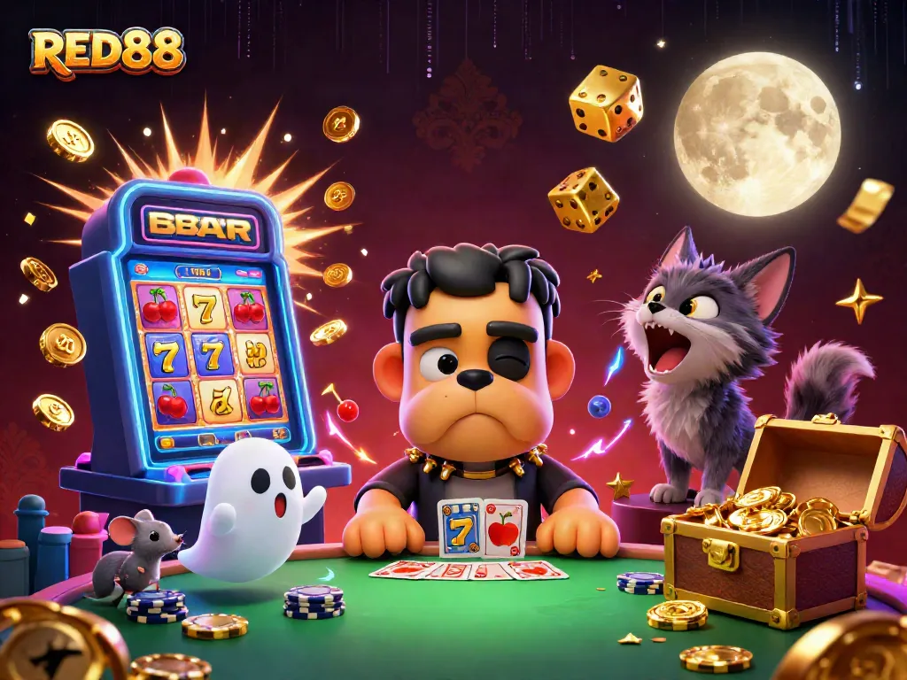 RED88's thrilling casino scene featuring a whimsical bulldog monster dealing cards with ghostly elements and jackpot excitement.