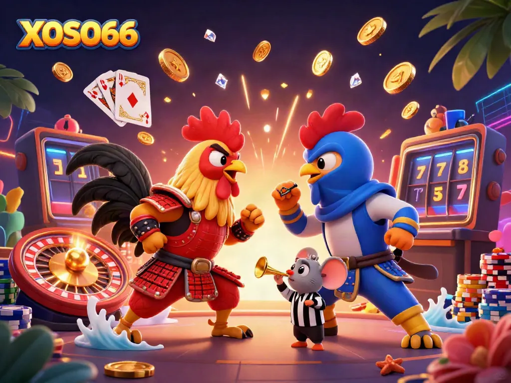 Experience gaming excitement with XOSO66's vibrant casino action featuring dynamic roosters and gold treasures
