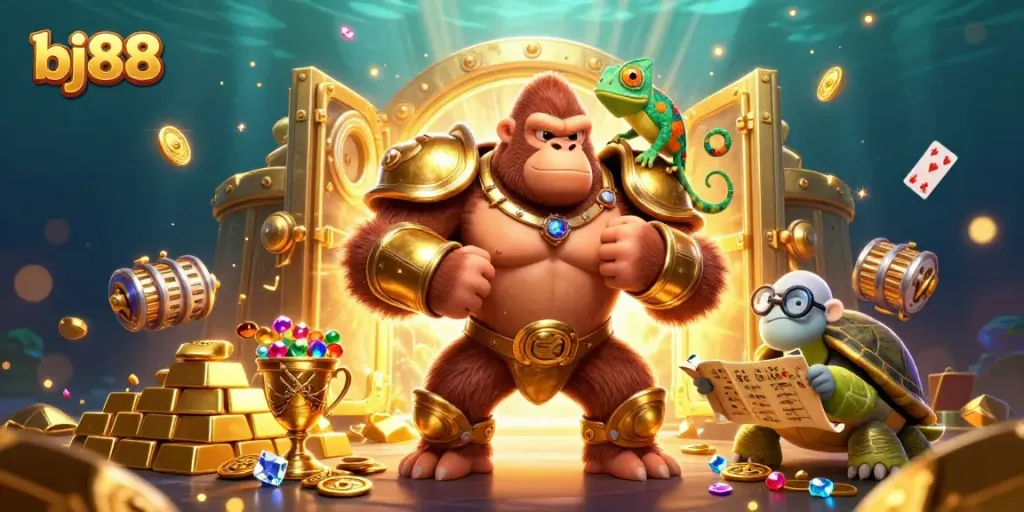 Engage in thrilling betting action with bj88 featuring a powerful casino gorilla and colorful chameleon.