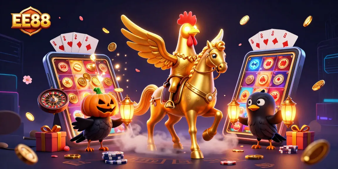 Spin slots and enjoy glimmering wins at EE88, illustrated with vibrant casino characters.