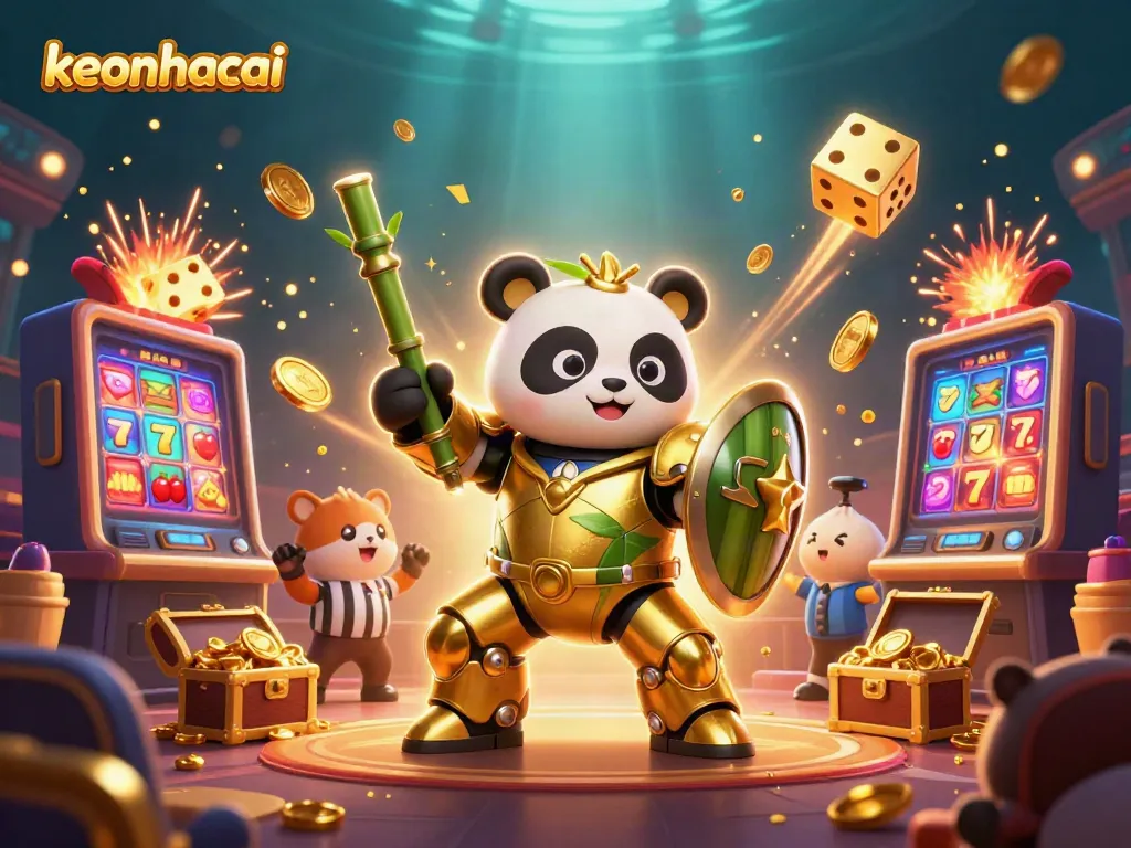 Experience the excitement of keonhacai with a dynamic illustration of a mech-suit panda battling in a vibrant casino arena.
