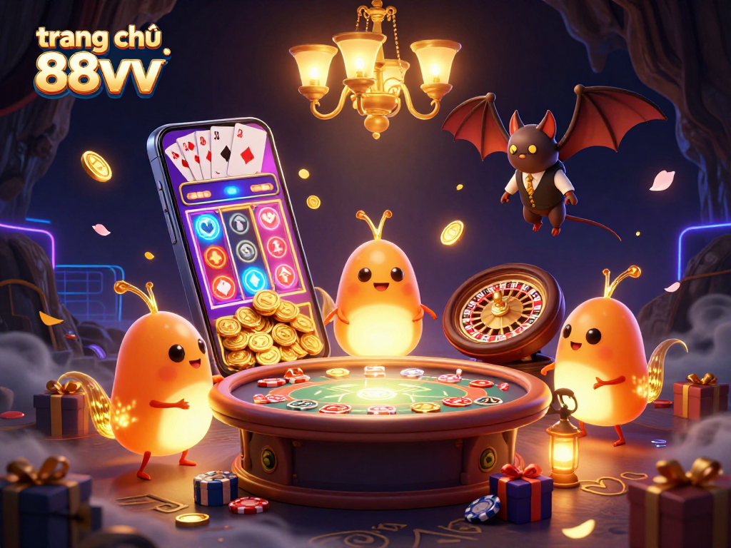 Engage at trang chủ 88vv with an immersive 3D casino scene featuring glowworms and dynamic game elements.