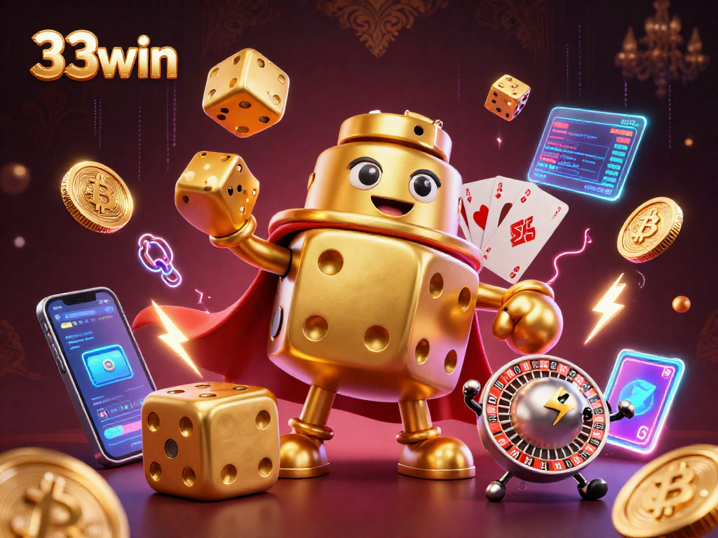 33win reveals new gaming dynamics with a glowing 3D rendering featuring playful dice and cryptocurrency elements.