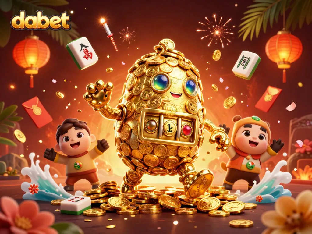 Engage with dabet's exciting gaming experience featuring a golden golem amidst vibrant casino symbols.