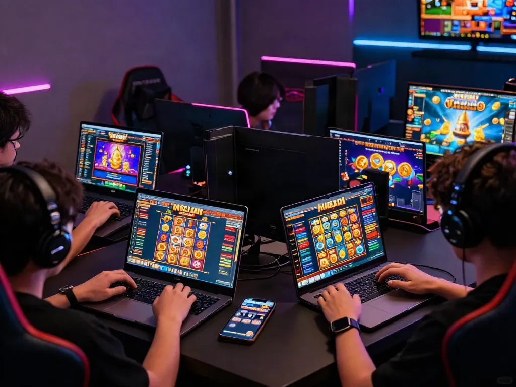 Engaged players enjoying slot gacor games on various devices in a vibrant gaming setup.
