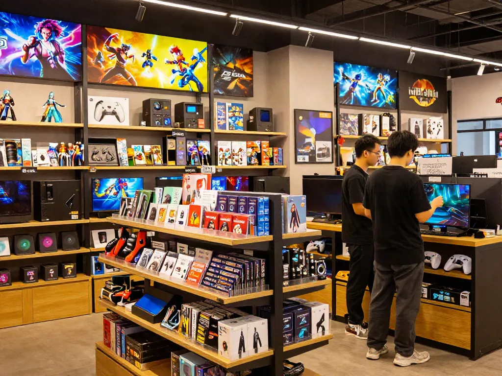 Shopper exploring the vibrant offerings at warung168, a digital gaming store filled with merchandise.