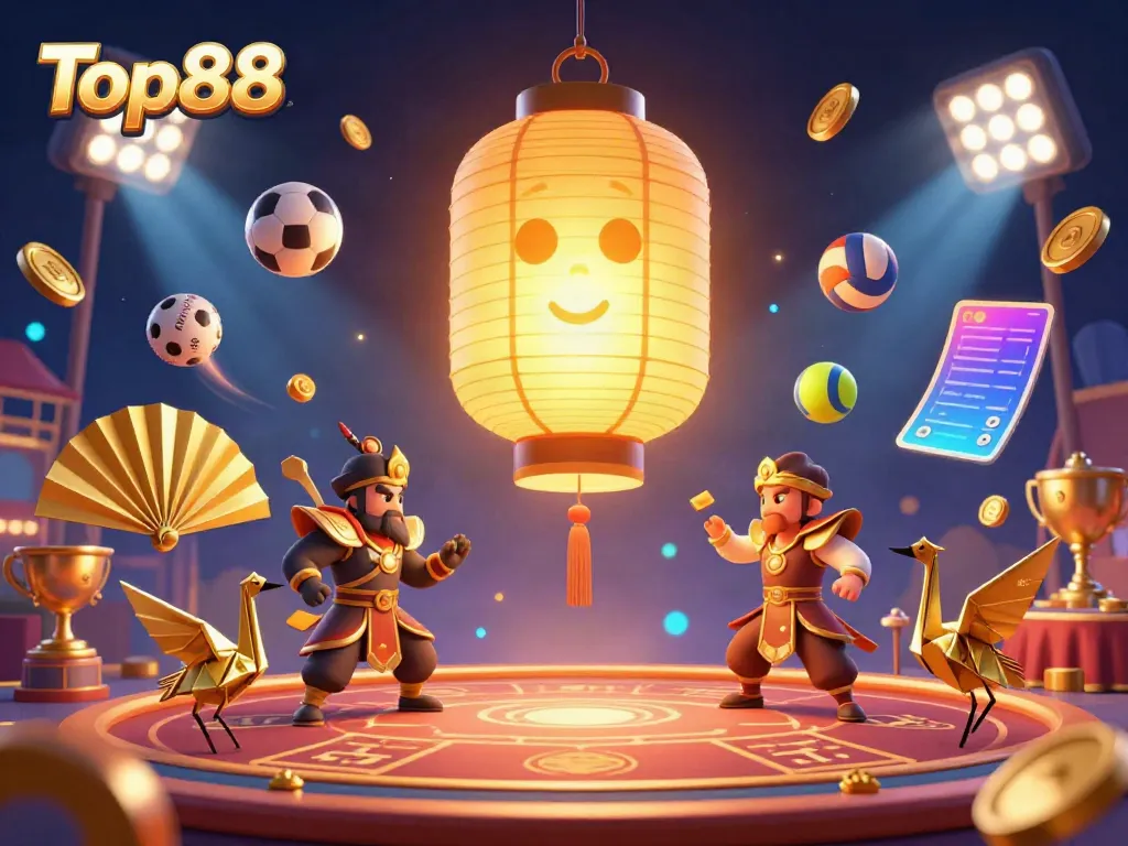 Experience the excitement of Top88 with this vibrant 3D casino illustration featuring dynamic sports betting elements.
