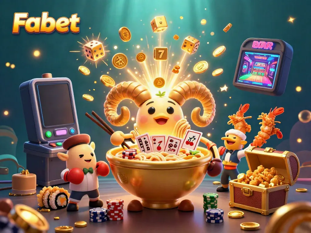 Fabet presents a vibrant casino scene with a golden ramen bowl and energetic characters surrounded by exciting game elements.