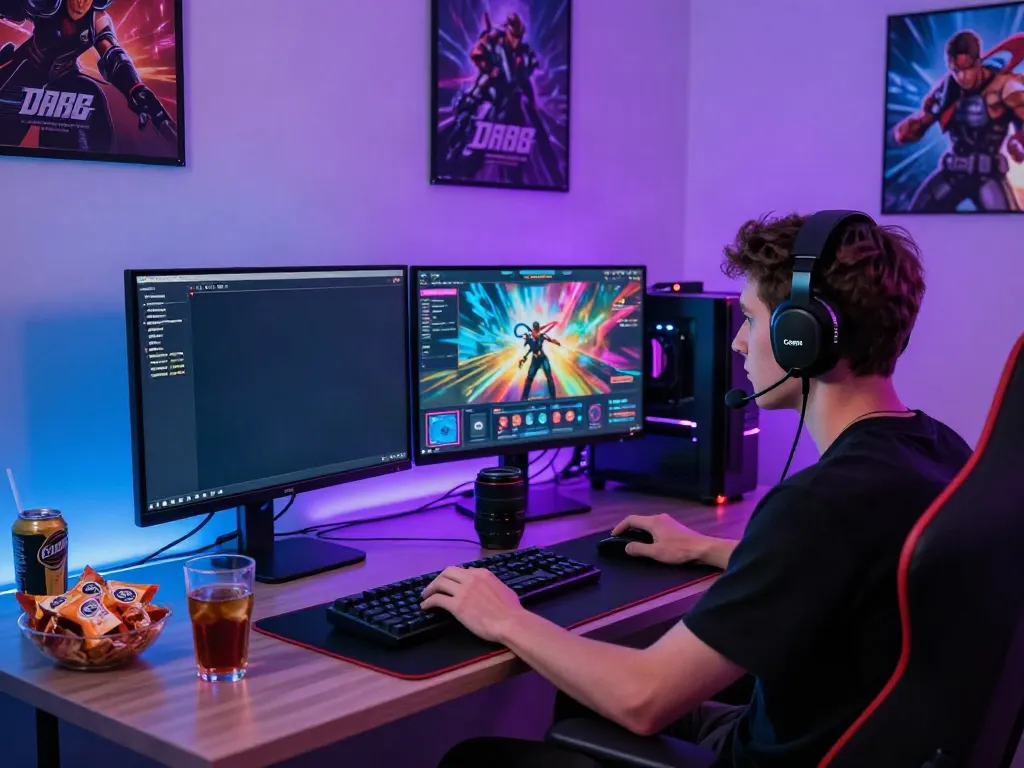 Engaged gamer enjoying DA88 online gaming experience with vibrant decor.