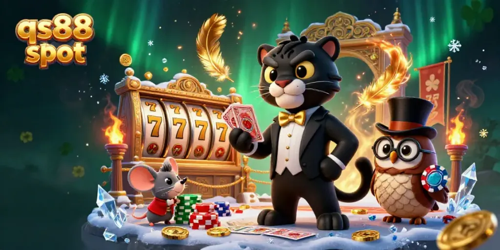 Engaging illustration depicting the qs88 slot with a stylish black panther and friends at a casino.