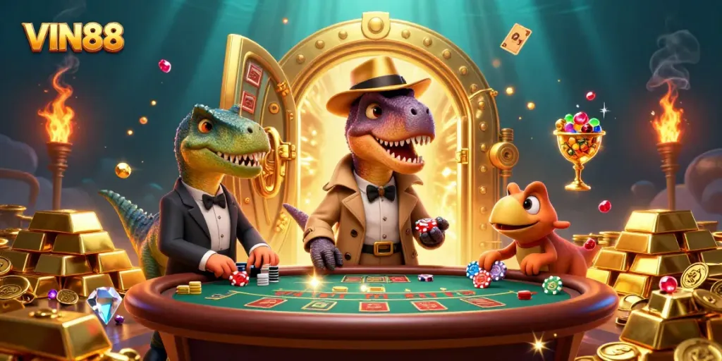 Experience the thrilling action at VIN88 with a velociraptor card counter and more at a bustling casino scene.