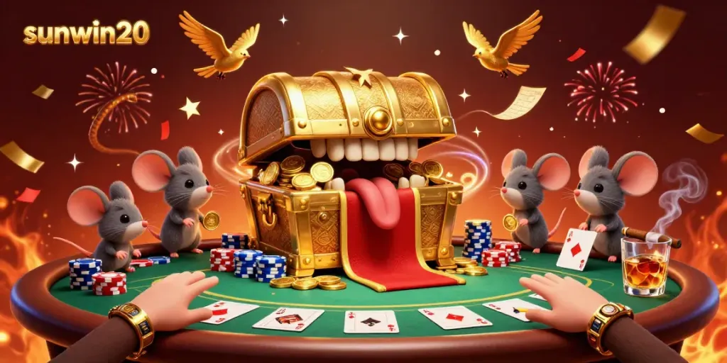 Experience the thrill of sunwin20 casino games, featuring a treasure chest and poker elements amidst dynamic celebration!