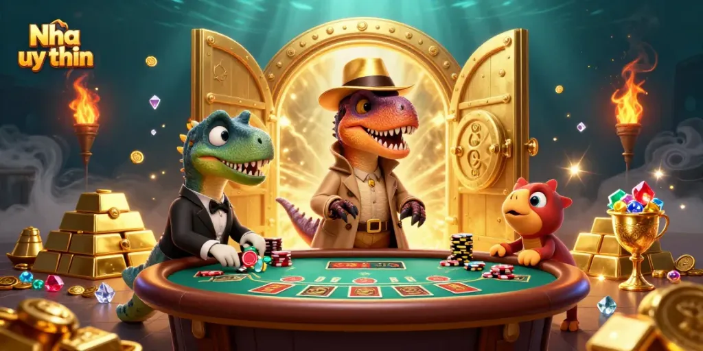 Nha cai uy tin showcases a humorous scene with a velociraptor at a blackjack table, highlighting excitement in gambling.