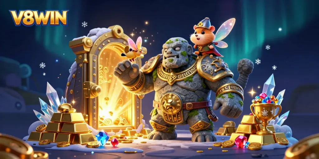 Experience the magic of V8WIN with a radiant 3D scene showcasing treasure, a golem guardian, and fantasy elements.