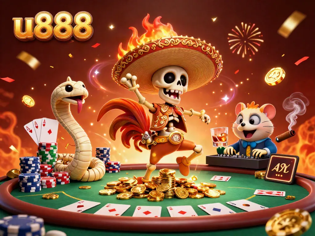 Experience thrilling gameplay at u888 with a lively casino scene featuring unique characters and dynamic gaming elements.