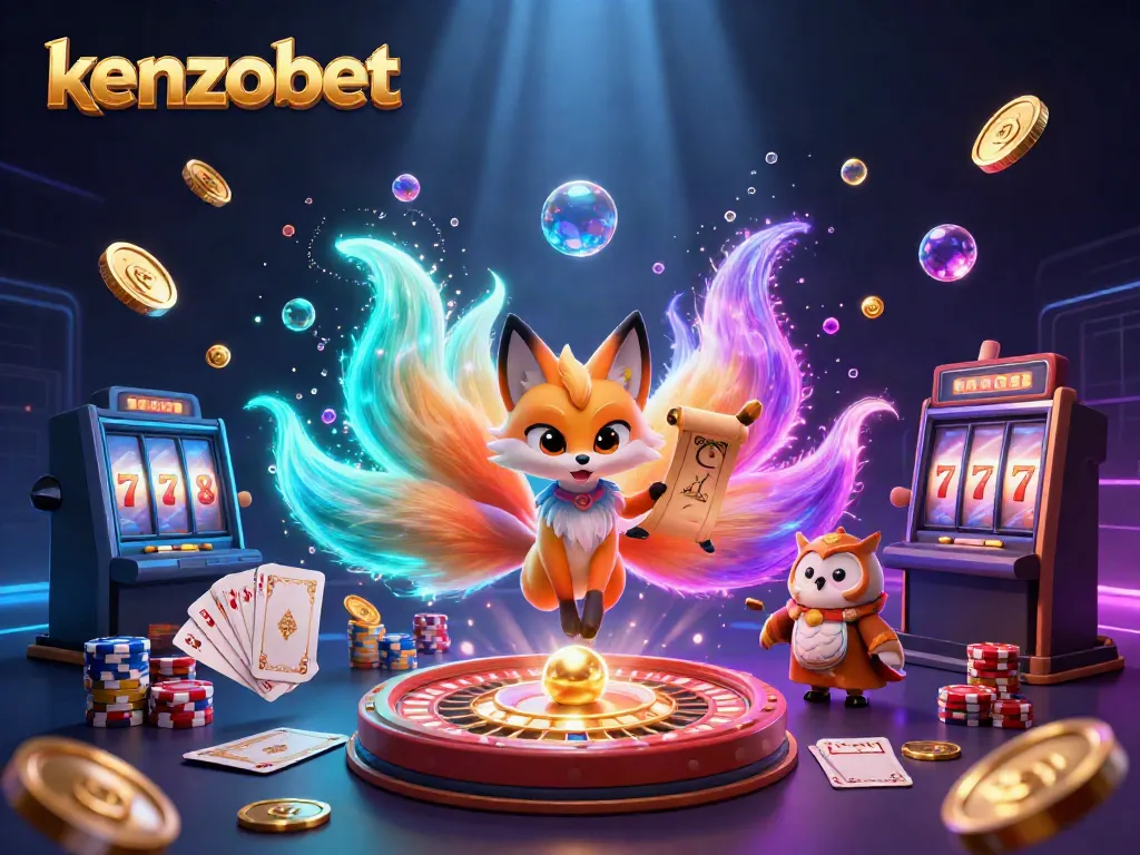 Experience thrilling wins at kenzobet, featuring a vibrant nine-tailed fox, owl sage, and dazzling casino elements.