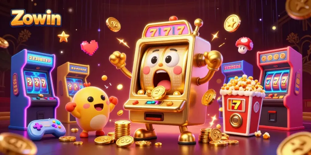 Zowin celebrates big wins with a golden slot machine surrounded by cheering machines and vibrant game elements.