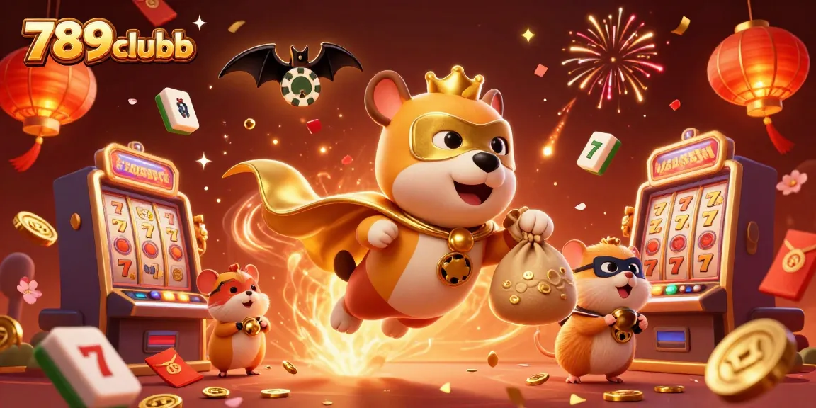 Experience the thrill of 789clubb with a superhero dog and hamster amidst festive casino elements.