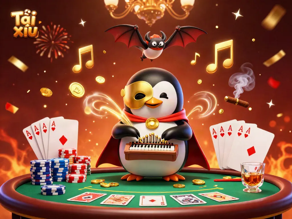 Engaging Tài xỉu gaming scene illustrated with a penguin and coins flying in a vibrant casino.