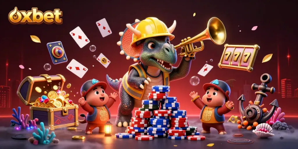 Join the fun at OXBET with a vibrant 3D scene celebrating casino games and excitement.