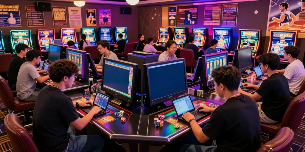 Exciting togel gaming lounge with diverse players engaged in games.