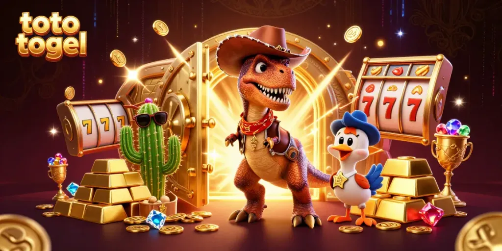 Experience thrilling toto togel action with a 3D cowboy dinosaur and friends amidst riches and games.
