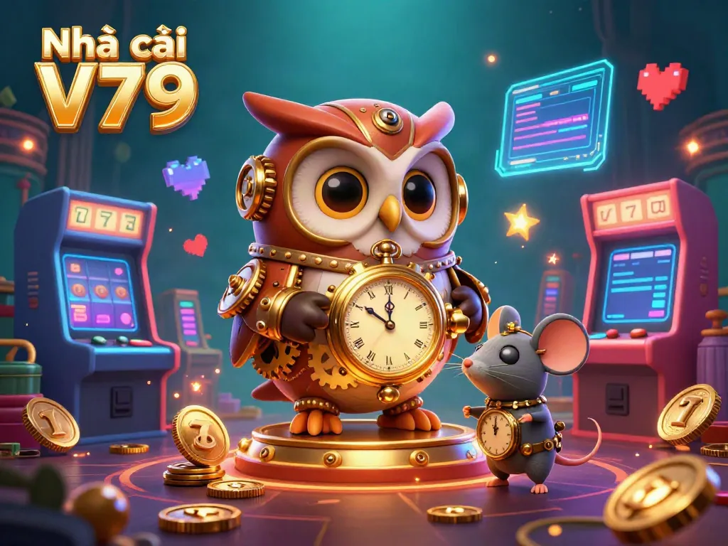 Experience thrilling gaming at Nhà cái V79 with steampunk owl and vibrant casino elements.