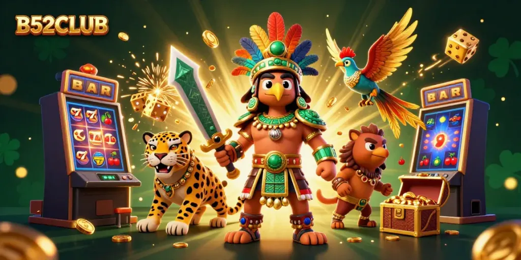 Experience thrilling slots and jackpots at B52CLUB with vibrant game scenes and dynamic characters.