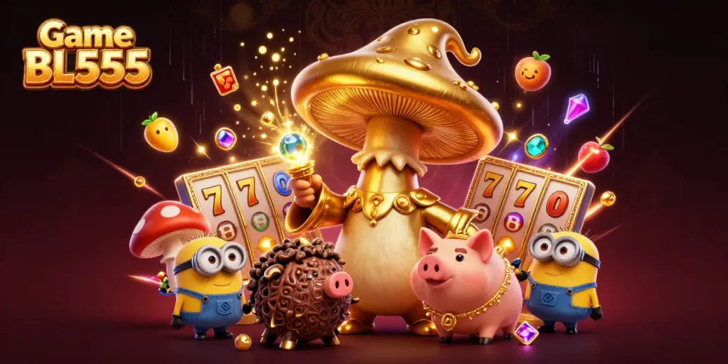 Engage in the thrilling Game BL555 with vibrant slot reels and magical characters celebrating wins.