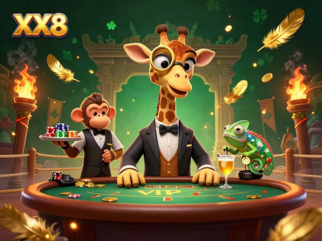 Experience thrilling gameplay at XX8 with a high-roller giraffe at a VIP poker table amidst a dazzling casino scene.