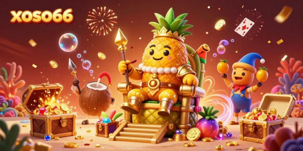 An engaging scene at xoso66 casino featuring a golden pineapple king and coconut bodyguards amidst festive gaming elements.