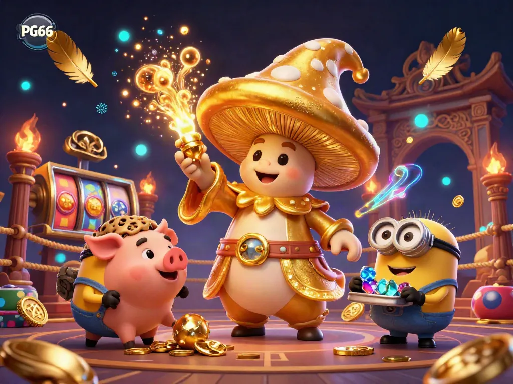 Experience PG66's vibrant casino world with the golden mushroom wizard and treasure-seeking pig.
