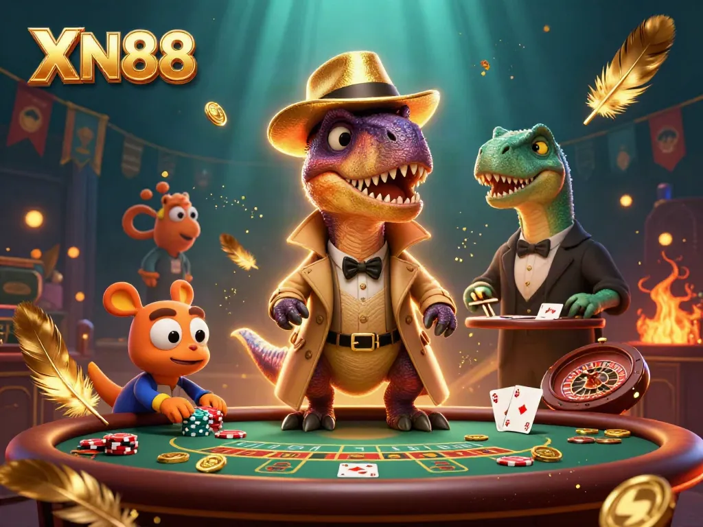 Engage with XN88 at a vibrant casino table featuring dynamic characters in a stunning illustration.