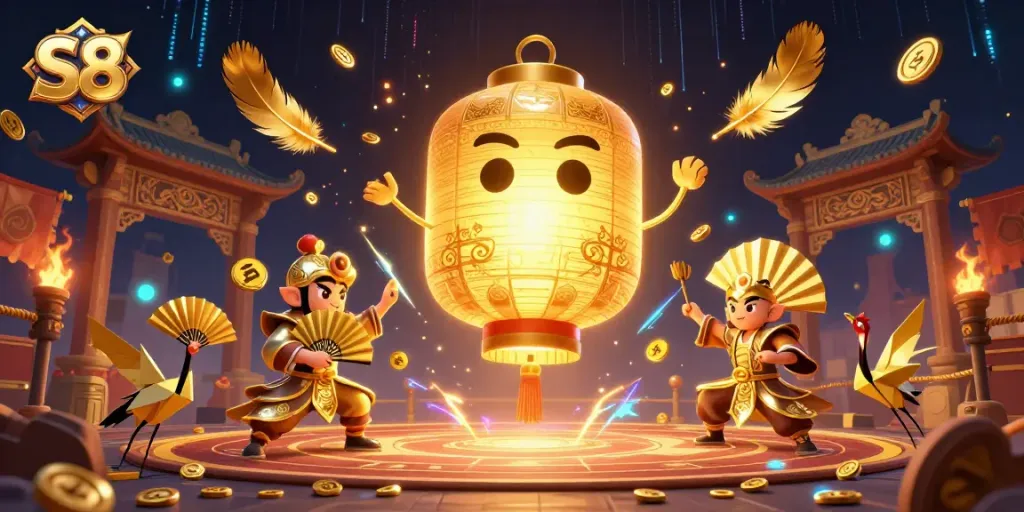 Experience thrilling moments at S8 casino with a glowing lantern spirit amidst vibrant game elements in stunning detail.