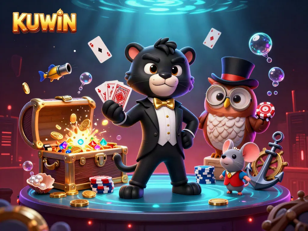 Experience thrilling gambling at KUWIN with a stylish black panther dealer, lucky owl, and mouse among vibrant casino elements.