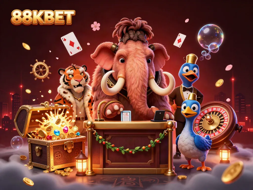 This vivid illustration of 88KBET features a casino bouncer and VIP guest in a vibrant casino setting, surrounded by treasures and game elements.