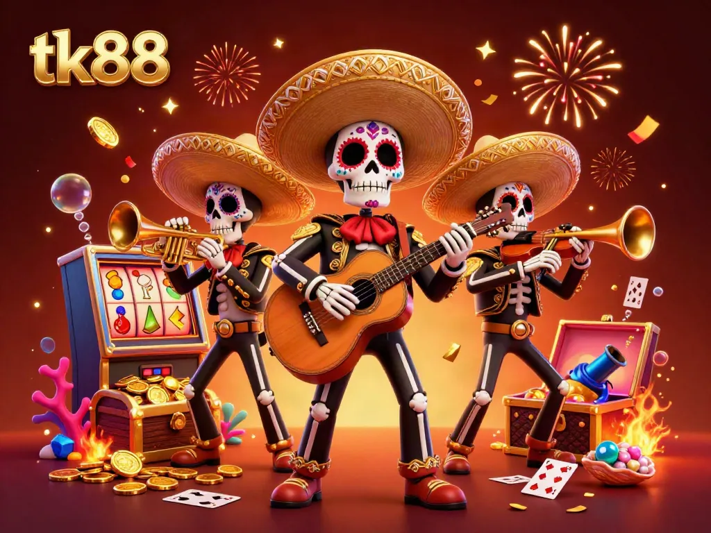 Experience the vibrant energy of tk88 with a Dia de los Muertos mariachi band, surrounded by gambling elements.