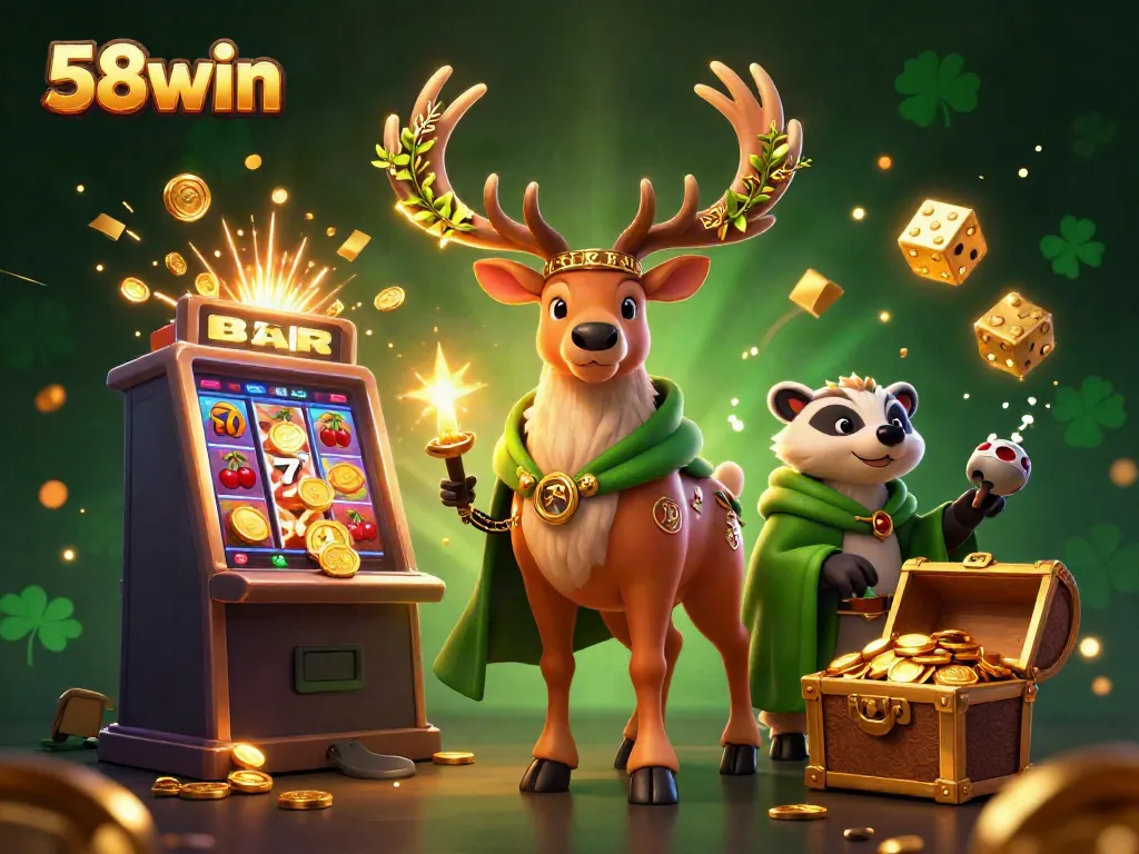 Experience thrilling wins at 58win with a magical 3D casino scene featuring vibrant games and characters.